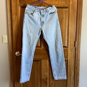 1 PR. LEVI'S 505 JEANS, 34 X 34, REGULAR FIT, STRAIGHT LEG, WELL WORN/DISTRESSED